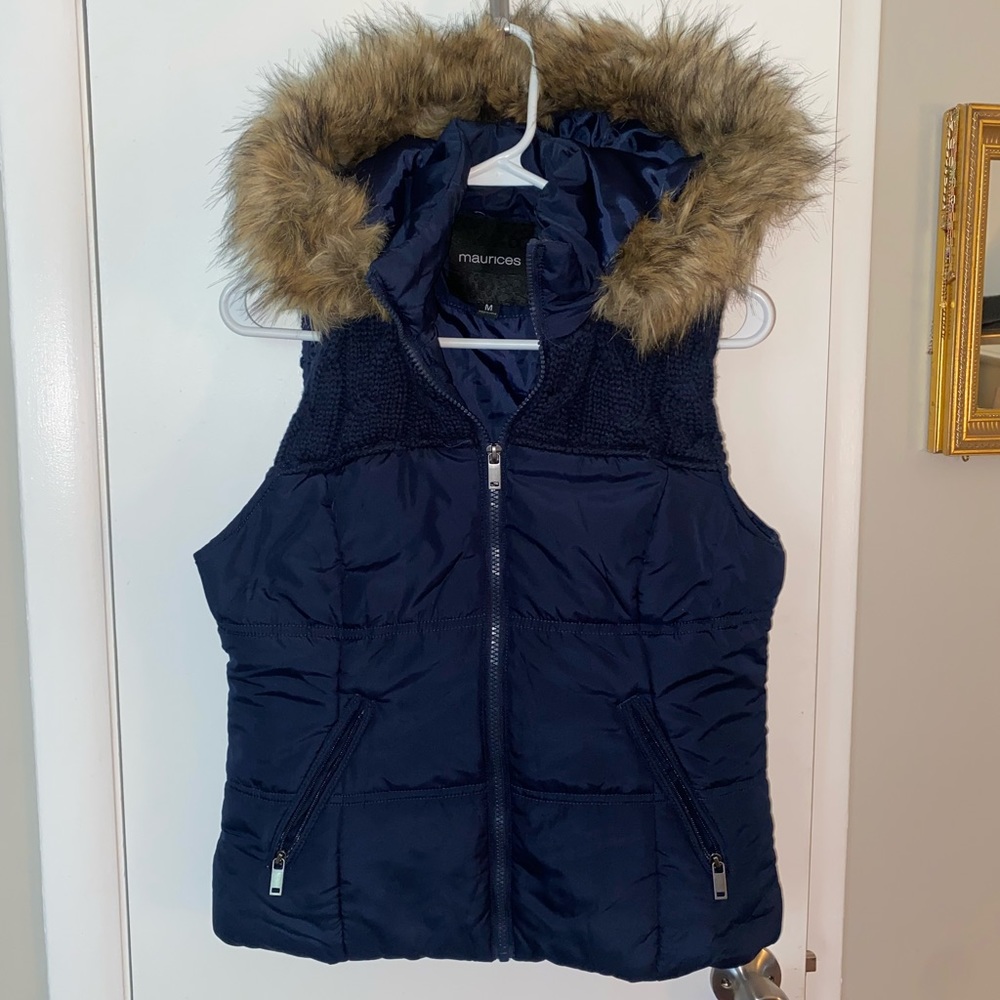 Navy Blue Zip Up Puff Vest with Detachable Fur Hood